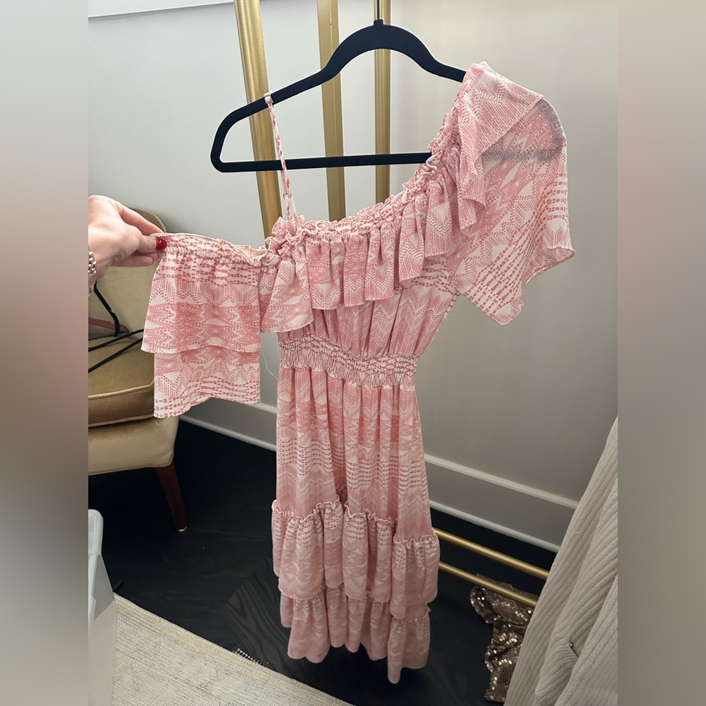 Pink and white patterned Dress. One shoulder and off the shoulder. XS.